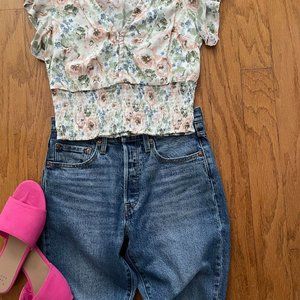 Short-Sleeve Smocked Waist Flutter Sleeve Blouse